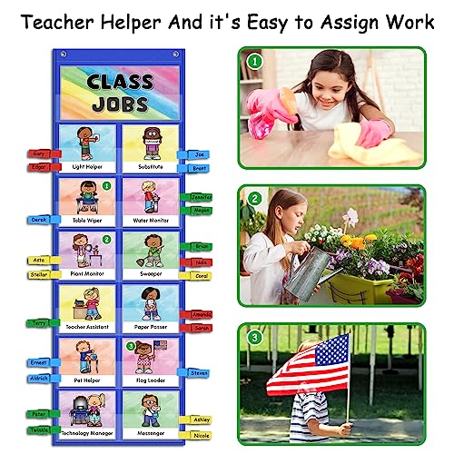 ABCxGOOD Class Jobs Pocket Chart Class Management Educational Pocket Chart Teacher's Helper, Preschool Classroom Must Haves Supplies, Great for Classroom Homeschool. (Blue) (Blue, 29.5"*10") - color: Blue, size: 29.5"*10"