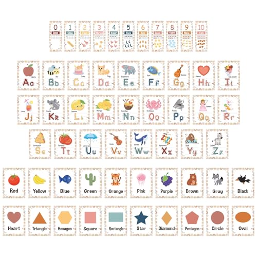57 Pcs Alphabet for Classroom Wall ABC Alphabet Poster Letters Number line Colors Shapes Wall Chart Cards Bulletin Board Decorations for Back to School Classroom Decor(Boho Rainbow) - style: Boho Rainbow