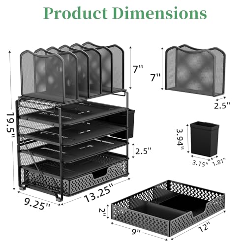 Simple Trending 5 Tier Mesh Desk File Organizer, Paper Letter Tray File Holder with Sliding Drawer Organizer for Office Home, Black - size: 9.25"D x 13.25"W x 19.5"H