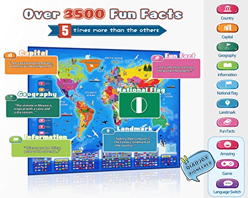 Qiaojoy Bilingual Interactive World Map for Kids Learning and Educational Toys, Talking Electronic Kids World Map i-Poster Geography Games Ages 3 to 12 Years Old, Custom Talking Birthday Gifts Card - style: World Map