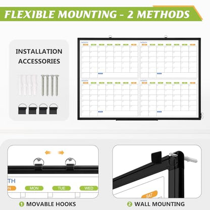 36" x 24" Magnetic Dry Erase Calendar Whiteboard, 4 Month Calendar White Board Planner, Black Aluminum Frame Wall Mounted Board for Office Home and School - color: Black Frame, size: 36"W x 24"H - 4 Month Calendar