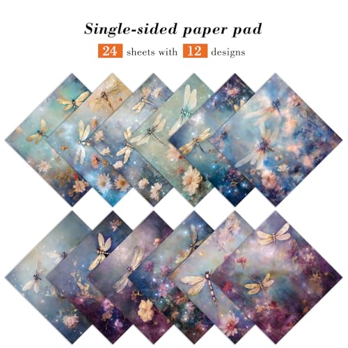 6 x 6 In Dragonfly Scrapbooking Paper Pad, 24 Sheets Floral Pattern Design Cardstock Decorative Decoupage for Photo Album Card Making Folded Supplies Gift Wrapping Junk Journals Crafts