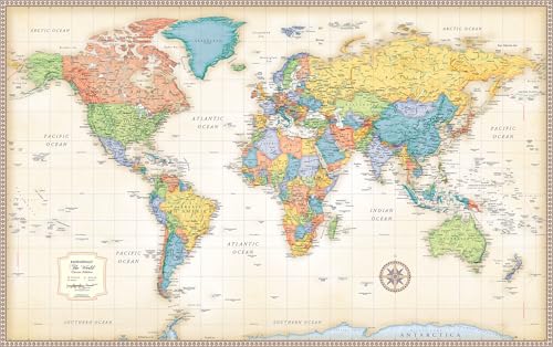 Rand McNally Classic Edition World Wall Map — 50" x 32" Laminated, Rolled World Map with Antique-Style Accents, Color-Matched Topographical Relief and an Africa-Centered Projection: 50" x 32" Laminated Rolled World Wall Map with Antique-Style Accents and