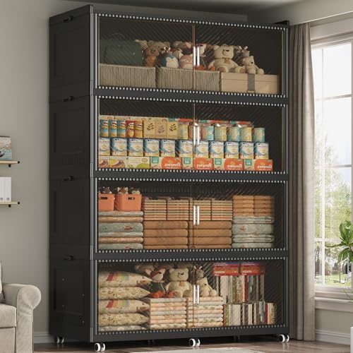 1280QT Storage Bins with Lid Extra Large Stackable Closet Organizer Plastic Container Box, 320Gal 4-Tier Collapsible Cabinet with Wheels and Doors for Living Room Kitchen Office Dorm, Black - color: Black, size: 320QT-4Pack
