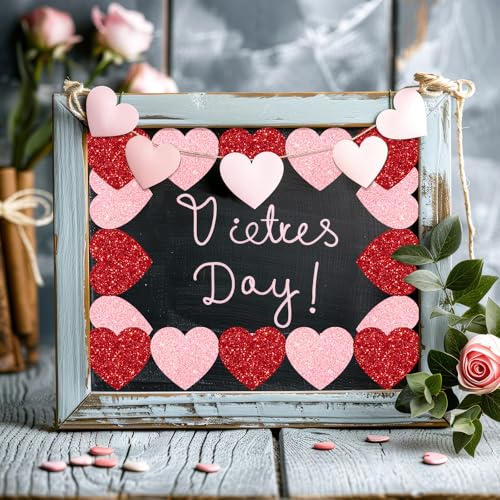 Whaline 65.6ft Heart Bulletin Board Border Glitter Pink Red Heart Shaped Die-Cut Border Trim for Valentine's Day Anniversary Chalkboard Decoration - style: Red Pink Heart