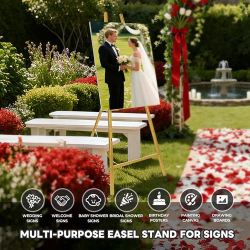 4-Tier Gold Easel Stand for Sign, 2 PACK Large Adjustable Height Display Easel for Wedding Sign, Party, Posters, Commercial Display, Heavy Duty Metal Painting Art Easel Exhibit Stand