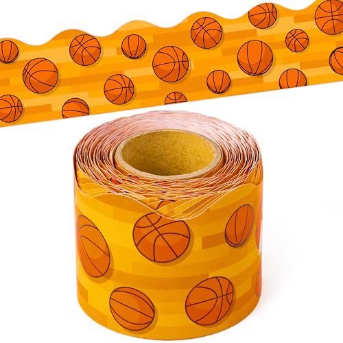 BeYumi Basketball Sport Border Trim - 65ft Back to School Basketball Sport on Orange Scalloped Rolled Border Trim Ball Sports Theme Bulletin Board Set Party School Classroom Chalkboard Wall Decoration - style: Basketball Field