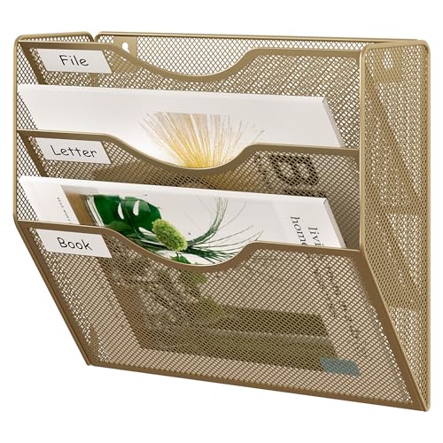 EasyPAG 3 Pocket Mesh Wall File Organizer, Hanging Paper Folder Holder with Classify Label, Vertical Wall Mount Mail Organizer for Office Home Classroom, Gold - color: Gold, size: 3 Tier