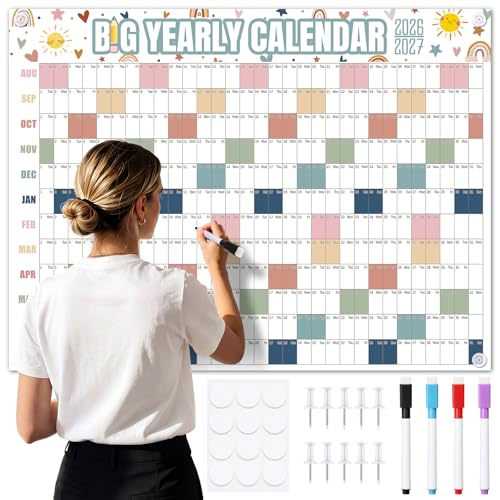 Thenshop 2026-2027 Dry Erase Wall Calendar Large 33'' x 44'' Big Academic Yearly Calendars for Wall Includes Laminated Calendar and Pins Marker for Schedule Planner Classrooms Home Office(Boho) - style: Boho