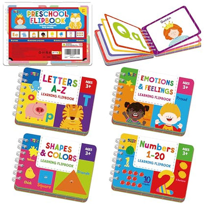 4 Preschool Learning Flipbooks, 96PCS Double Sided Printed Cards Set, Alphabet Letter A-Z, Number 1-20, Feelings and Emotions, Shapes and Colors Mini Board Books Set Early Educational Tool for Kids - style: Letter/Number