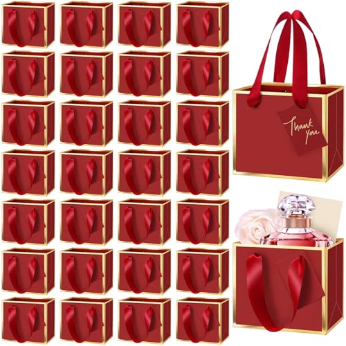 Yeaqee 50 Pcs Mini Metallic Paper Gift Bags with Handle 4.75x2.25x4'' Small Gift Bag DIY Tag Thank You Party Favor for Summer Wedding Baby Shower Birthday Back to School Jewelry (Burgundy Red,Gold) - color: Burgundy Red, Gold
