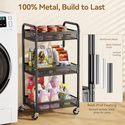 YASONIC 3 Tier Rolling Cart – Metal Utility Storage Carts with Wheels, Craft Cart Organizer with Hanging Cups, Hooks, Mesh Basket for Bedside Kitchen Office Art, Black - color: Black