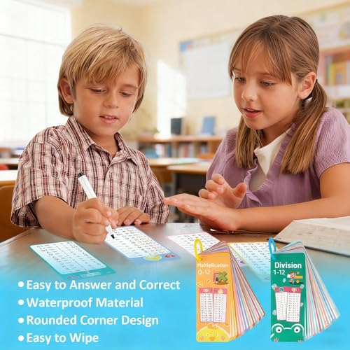 60Pcs Addition Subtraction Multiplication Division and Subtraction Flash Card, Math Flash Cards with 8 Dry Erase Pens 4 Rings, Time Table Flash Cards for 1st to 3rd Grades Fun Learning with Math Game