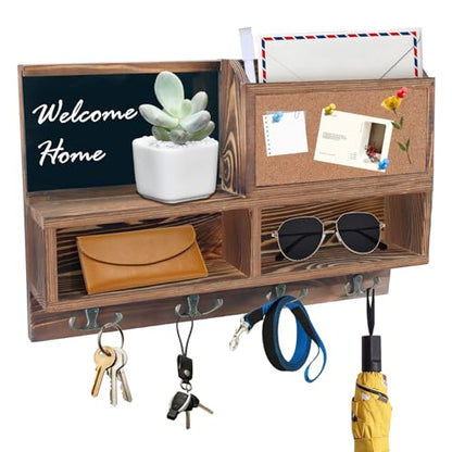 comfoyar Key Holder for Wall, Mail Organizer Wall Mount with Cork Board Bulletin Board, Key Rack with 4 Double Key Hooks and Shelf Storage, Dog Leash Holder for Entryway Rustic Home Decor, Brown