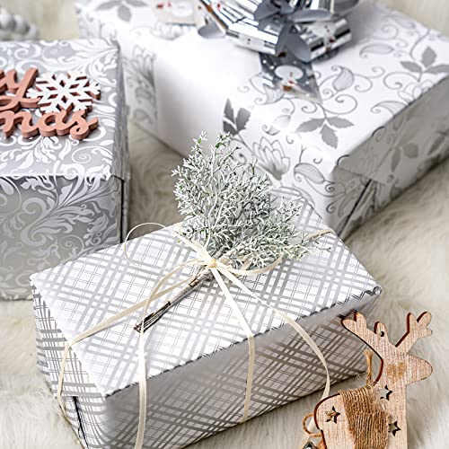 LeZakaa Silver Wrapping Paper Roll, Elegant Metallic Foil Gift Wrap with Floral and Plaid Pattern for Wedding, Anniversary, Birthday, Mothers Day, Bridal Shower, Christmas, 17 x 120 inches, Mini Roll - color: Classic-silver