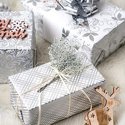 LeZakaa Silver Wrapping Paper Roll, Elegant Metallic Foil Gift Wrap with Floral and Plaid Pattern for Wedding, Anniversary, Birthday, Mothers Day, Bridal Shower, Christmas, 17 x 120 inches, Mini Roll - color: Classic-silver