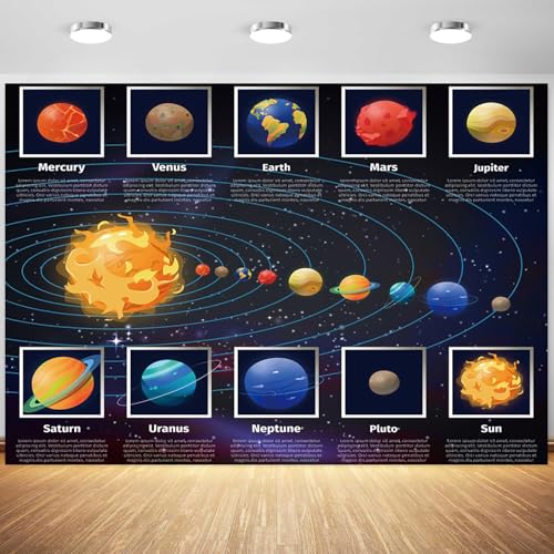 6x4ft Solar System Poster Space Backdrop for Kids Birthday Educational Planets Party Banner Science Classroom Decorations Galaxy Learning Background Wallpaper Photo Studio Props - size: 6x4ft