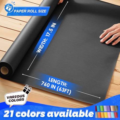 PerkHomy Black Kraft Paper Roll 17.5" x 760" (63') for Gift Wrapping Bouquet Flower Art Painting Craft Writing Packaging Shipping 80GSM 55LB (Black, 17.5" x 63') - color: Black, size: 17.5" x 760"