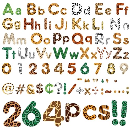 264 PCS Safari Jungle Bulletin Board Letters Set, Jungle Animal Printed Decorations Bulletin Board Letters Numbers Punctuation Symbol Alphabet Cutouts for Safari Theme Classroom Decor - color: Jungle