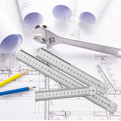 DTDNZKN 3 Pack Stainless Steel Ruler Set - Includes 6 inch (15 cm), 8 inch (20 cm), and 12 inch (30 cm) with SAE & Metric Measurements - for Drawing, Home, Office, and Engineering Use