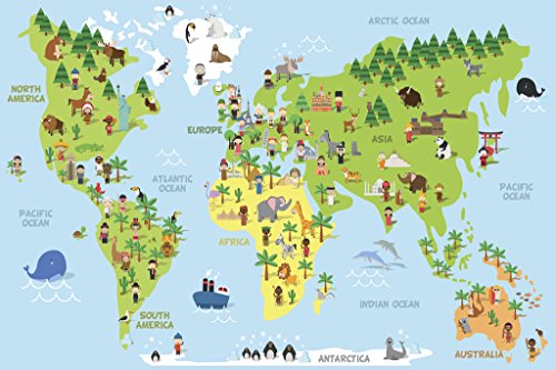 Cartoon World Map Children Animals Monuments Educational Travel World Map with Cities in Detail Map Posters for Wall Map Art Wall Decor Geographical Illustration Cool Wall Art Print Poster 18x12 - size: 18"L x 12"W