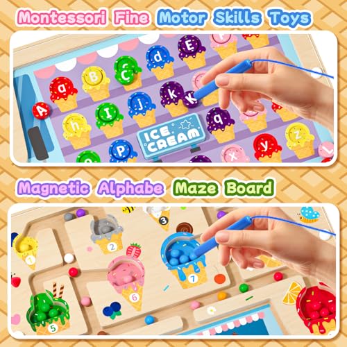 2 in 1 Magnetic Maze Board for Kids Montessori Toys Double-Sided Counting Magnetic Alphabet Letters ABC Magnets Puzzles 3-5 Age Boys and Girls Birthday Gifts