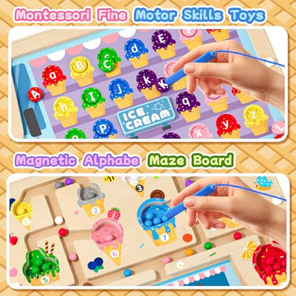 2 in 1 Magnetic Maze Board for Kids Montessori Toys Double-Sided Counting Magnetic Alphabet Letters ABC Magnets Puzzles 3-5 Age Boys and Girls Birthday Gifts