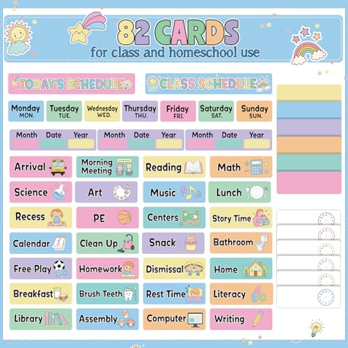 Funrous Daily Schedule Pocket Chart with 82 Cards, Linen Wall Hanging Organizer for Welcome Back to School Classroom Decorations Homeschool Visual Planner Routine Calendar(Pastel) - style: Pastel