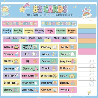 Funrous Daily Schedule Pocket Chart with 82 Cards, Linen Wall Hanging Organizer for Welcome Back to School Classroom Decorations Homeschool Visual Planner Routine Calendar(Pastel) - style: Pastel