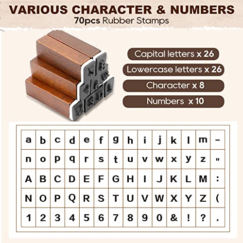 UCEC 70pcs Alphabet Stamps for Clay, Rubber Letter Stamps for Crafting, Wooden Letter Number and Symbol Stamp Set for Scrapbooking Supplies DIY Craft Card Making - color: Roman