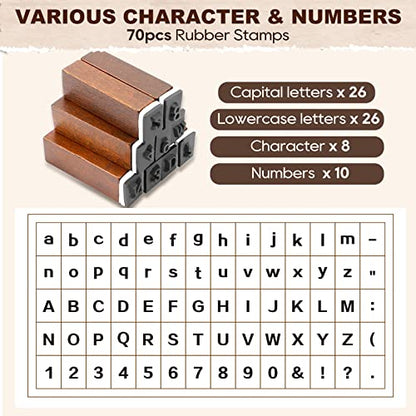 UCEC 70pcs Alphabet Stamps for Clay, Rubber Letter Stamps for Crafting, Wooden Letter Number and Symbol Stamp Set for Scrapbooking Supplies DIY Craft Card Making - color: Roman