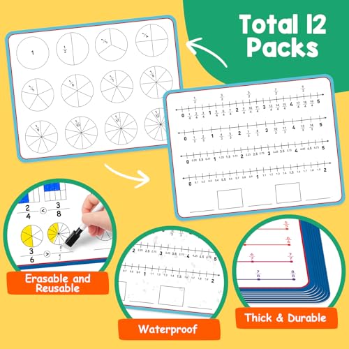 Aizweb 12 Pack Fraction Manipulatives Dry Erase Board,12"x9" Fraction Number Line Bars,Math Manipulatives Fraction Games Flash Cards for 4th-8th Grade Kids,Homeschool Classroom Teaching Supplies - style: 12 Pack fraction manipulatives number line