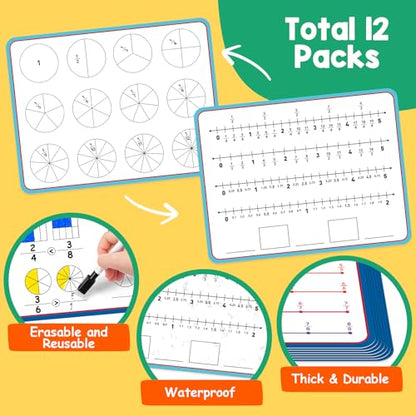 Aizweb 12 Pack Fraction Manipulatives Dry Erase Board,12"x9" Fraction Number Line Bars,Math Manipulatives Fraction Games Flash Cards for 4th-8th Grade Kids,Homeschool Classroom Teaching Supplies - style: 12 Pack fraction manipulatives number line