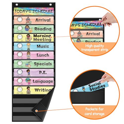 ABCxGOOD Daily Schedule Pocket Chart, Toddler Schedule Chart, 13+1 Pocket, with 21 Dry-Erase Reusable Cards Classroom Must Haves Pocket Chart - color: Black
