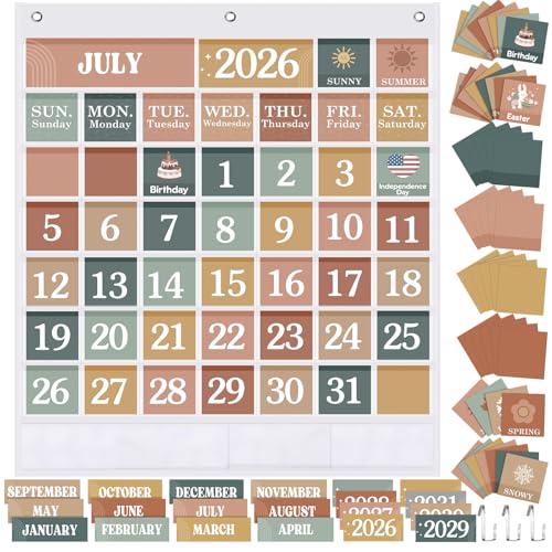 Sinload Classroom Calendar Pocket Chart Set Calendar Bulletin Board Set Seasons Festival Weather Pocket Chart for Classroom Decoration Back to School Supplies(Modern Boho,White) - color: White, style: Modern Boho
