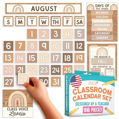 Hadley Designs Classroom Calendar Set Bulletin Board Decorations - Boho School Calendar for Classroom Decor, Kindergarten Preschool Elementary Teacher Must Haves, Homeschool & Daycare Essentials - style: Boho Neutral