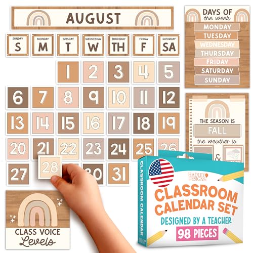 Hadley Designs Classroom Calendar Set Bulletin Board Decorations - Boho School Calendar for Classroom Decor, Kindergarten Preschool Elementary Teacher Must Haves, Homeschool & Daycare Essentials - style: Boho Neutral