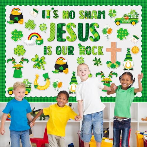 gisgfim St. Patrick's Day Jesus Bulletin Board Decorations Jesus is Our Rock Bulletin Board Set Happy St.Patrick Luck Shamrock Clover Cutouts Borders Decor for Irish Classroom Home Wall(St. Patrick's) - style: St. Patrick's Day Jesus