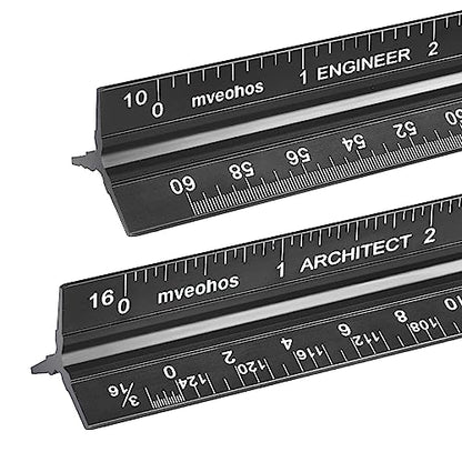 Architectural and Engineering Scale Ruler Set, Imperial Measurements 12'', Black Laser-Etched Aluminum Architect Triangular Ruler for Architects, Students, Draftsman, and Engineers - style: Black-A&E
