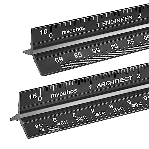 Architectural and Engineering Scale Ruler Set, Imperial Measurements 12'', Black Laser-Etched Aluminum Architect Triangular Ruler for Architects, Students, Draftsman, and Engineers - style: Black-A&E