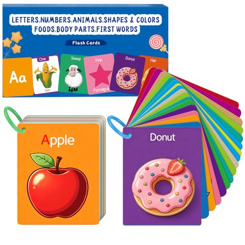 Toddler Flash Cards Baby Flashcards for Toddlers 1-3,64 Cards with 9 Topics,Alphabet,Numbers,First Words,Shapes Colors,Animal Flash Cards,Body Parts,Foods First Learning Cards for Kids Preschool