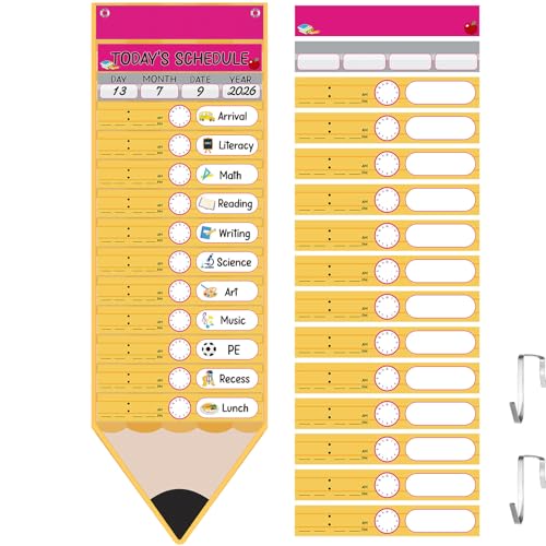 Pasimy Daily Schedule Pocket Chart with 31 Pencil Cards and 14 Pockets Pencil Schedule Charts Back to School Classroom Decor for School Office Home Educational Activity Supplies - style: Pencil Pocket Chart