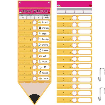 Pasimy Daily Schedule Pocket Chart with 31 Pencil Cards and 14 Pockets Pencil Schedule Charts Back to School Classroom Decor for School Office Home Educational Activity Supplies - style: Pencil Pocket Chart