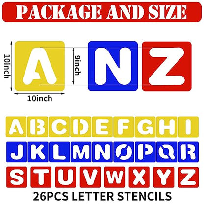 TecUnite 26 Pieces Alphabet Stencils Set Plastic Letter Stencils for Painting Learning, DIY Craft Decoration (10 x 10 Inches) - size: 10 x 10 Inches