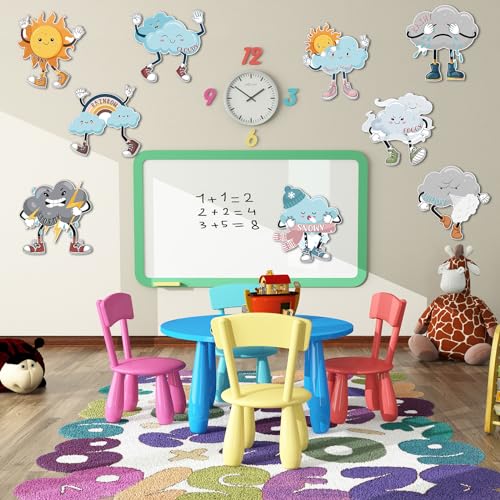 Fulmoon 9 Pcs Weather Posters Set Human Shaped Weather Table Chart Weather Bulletin Board Division Chart Artificial Weather Chart for Preschool Kindergarten Leaning Studying Classroom Wall Decor