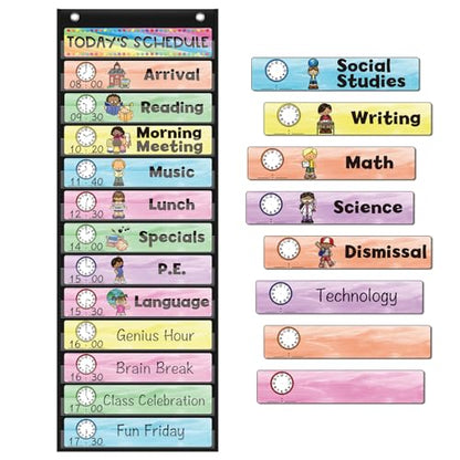 ABCxGOOD Daily Schedule Pocket Chart, Toddler Schedule Chart, 13+1 Pocket, with 21 Dry-Erase Reusable Cards Classroom Must Haves Pocket Chart - color: Black