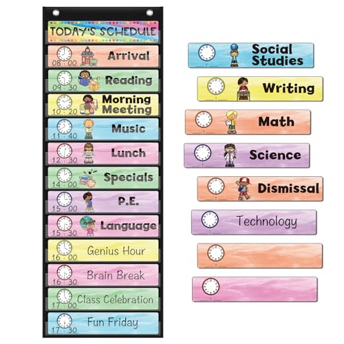 ABCxGOOD Daily Schedule Pocket Chart, Toddler Schedule Chart, 13+1 Pocket, with 21 Dry-Erase Reusable Cards Classroom Must Haves Pocket Chart - color: Black