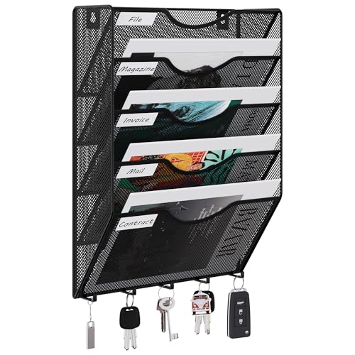 EasyPAG 5 Pocket Mesh Wall File Organizer with Key Hooks, Hanging Paper Folder Holder with Classify Label, Vertical Wall Mount Mail Organizer for Office Home Classroom, Black - color: Black with Hooks, size: 5 Tier