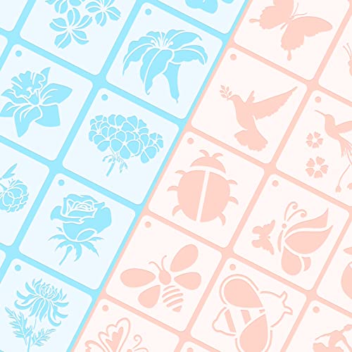 Augshy 56 Pack Flower Stencils for Wood, Butterfly & Bird Stencils for Wall & Floor Decor DIY Rock Dot Painting Art Projects (3inch) - style: Flowering Plants