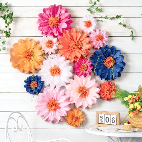 OBBOLO Wildflower Paper Flowers, 14 Pcs Paper Flowers Decorations for Wall, 8 in, 14 Inch Tissue Paper Flower for Wedding Party Baby Bridal Shower Nursery Wall Decor Bulletin Board Classroom - color: Pink Orange Blue